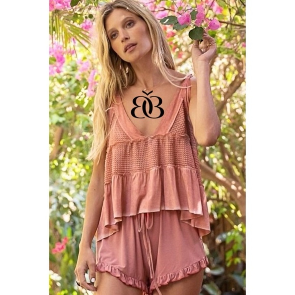 POL Warm Pink Waffle Knit Babydoll Tank Top